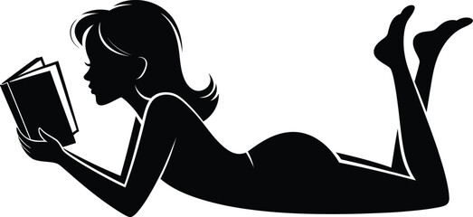 Silhouette of a woman lying down and reading a book on a white background