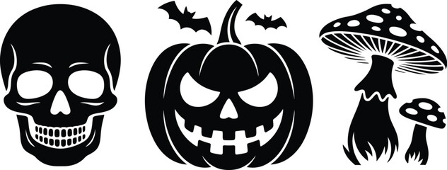 Halloween themed black and white icons featuring skull pumpkin and mushrooms