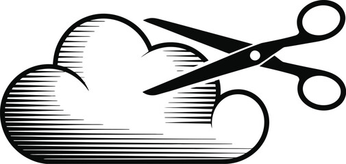 A black and white illustration of scissors cutting a cloud graphic design