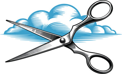 Illustration of open scissors with blue cloud background on white paper