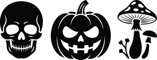 Black silhouette of skull pumpkin and mushrooms on a white background art