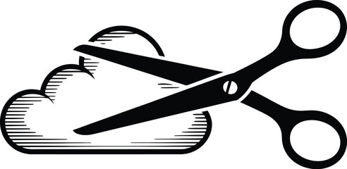 Illustration of black scissors cutting a cloud on a white background art