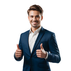 Confident smiling businessman in blue suit gives two thumbs up, radiating success and approval.