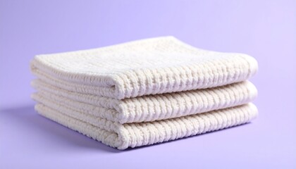 Folded Terry Cloth Towels Stacked on Purple Background