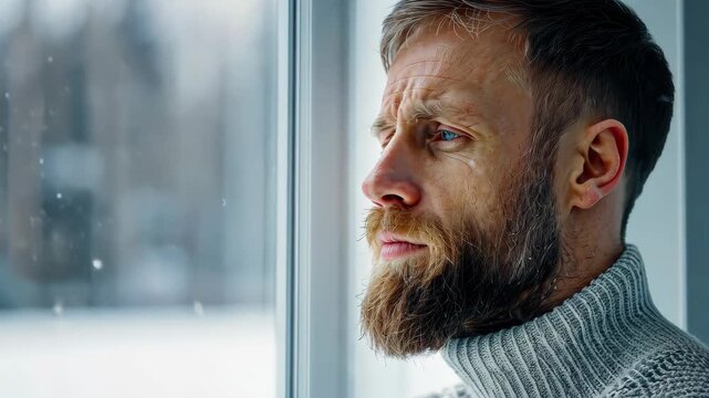 Solitary Contemplation: A contemplative individual gazes out of a window, embodying introspective reflection on the atmospheric backdrop.