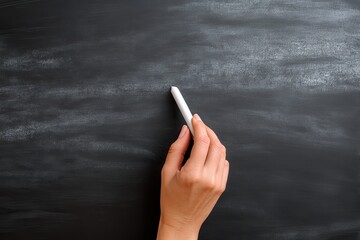 Elegant woman's hand holding white chalk against a dark blackboard texture, ready for writing, on transparent background