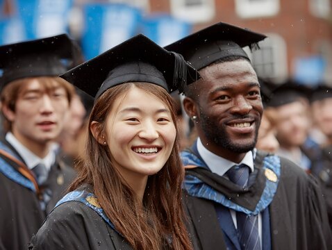 A diverse group of graduates celebrates academic achievement wea caps and gowns on graduation day outdoors.