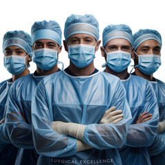 Confident surgical team in scrubs and masks united for medical excellence and patient care