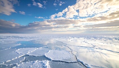 Frozen Landscape with Ice Formations Under a Cloudy Sky