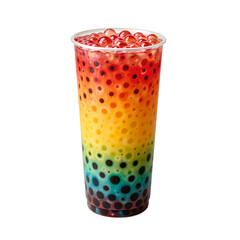 Colorful rainbow bubble tea made with layered flavors jelly and popping boba balls perfect for refreshing drink concepts