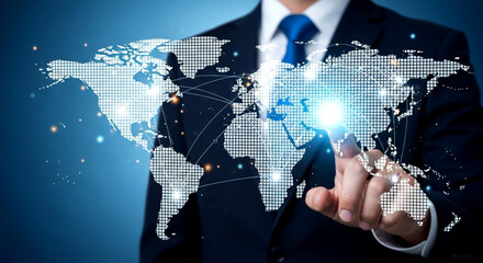 Businessman in suit touching a digital world map with connections and glowing effect on blue background