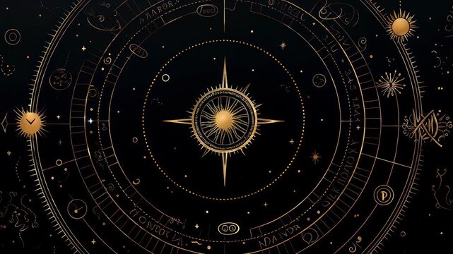 Top-down view of a celestial-themed design with golden zodiac symbols on a dark background, resembling a mystical video game interface. Live desktop wallpaper.