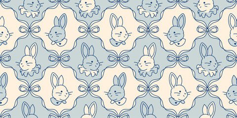 Charming pastel seamless pattern with preppy bunnies, ribbons, and bows in soft blue hues, perfect for cottagecore wallpaper, gift wrap, or rural-inspired stationery designs