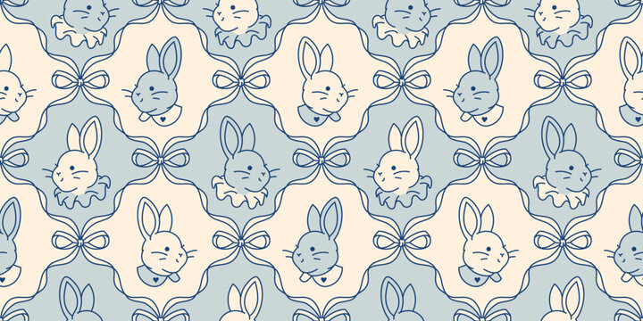Charming pastel seamless pattern with preppy bunnies, ribbons, and bows in soft blue hues, perfect for cottagecore wallpaper, gift wrap, or rural-inspired stationery designs