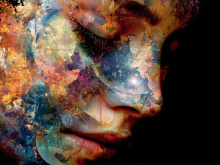 Mother Earth portrait with organic patterns and global map elements