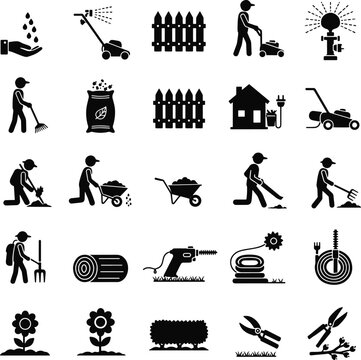 Yard Work & Garden Tools Icons &ndash; Landscaping, Fencing, and Maintenance Designs, Lawn Care & Gardening Tools Icons &ndash; Yard Work, Planting, and Fencing Symbols

