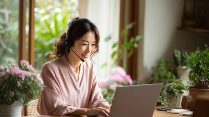 日本人女性が自宅でテレワーク中