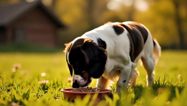 English springer spaniel eating dry food near a cabin