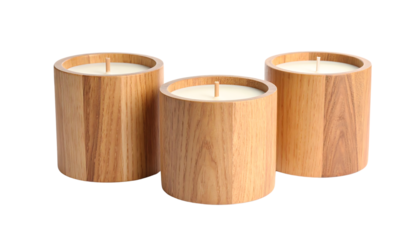 Three wooden pillar candles isolated on transparent background