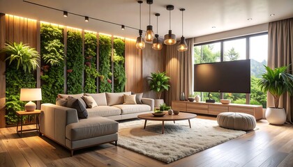 Fototapeta premium Living Room Interior with Vertical Garden and Natural Light