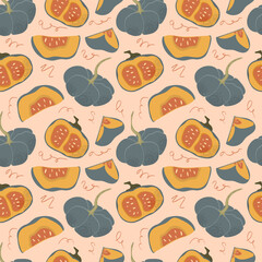 Seamless pattern featuring colorful pumpkins and squash in a playful design celebrating autumn harvest