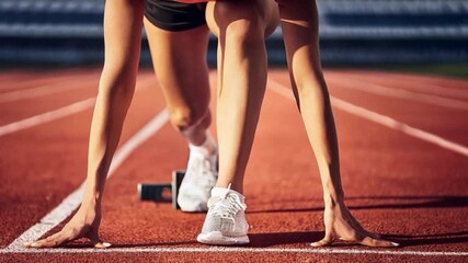 A cinematic close-up of a determined runner crouched at the starting line in perfect sprinting form, getting ready to run and sprint from the start line; sports event - Powered by Adobe