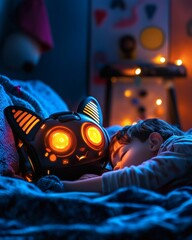 Obraz premium A boy sleeps peacefully with a robot cat nightlight at his side, in a warm, cozy room