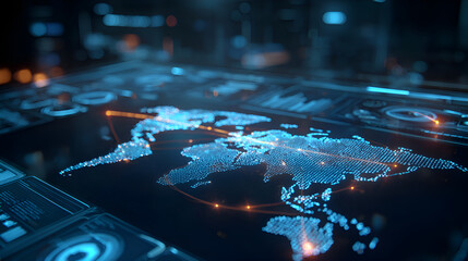 Futuristic world map connecting global networks on digital interface