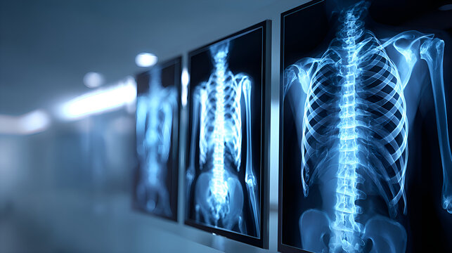 Radiologist examining x ray images of human skeleton on monitors in hospital