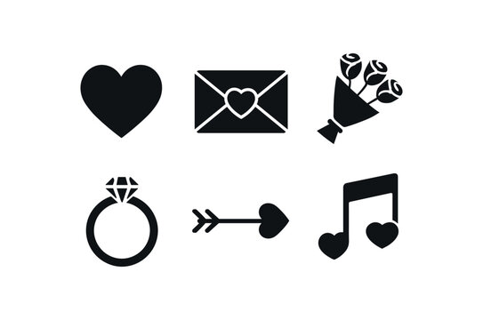 solid icon isolated love heart emblem love letter envelope love rose bouquet love wedding ring love cupid arrow love melody tune - Powered by Adobe