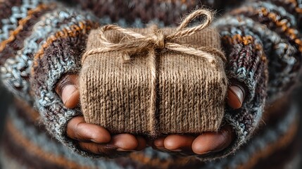 Fototapeta premium Hands gently present a lovingly wrapped gift tied with rustic twine in soft cozy sweater setting indoors.