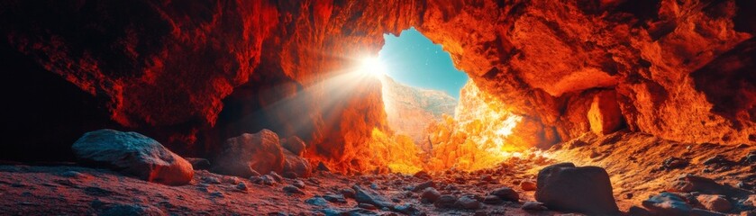 Fototapeta premium Sunlight streams through an opening in a cavern, illuminating the rugged interior. The play of light and shadow creates a dramatic scene