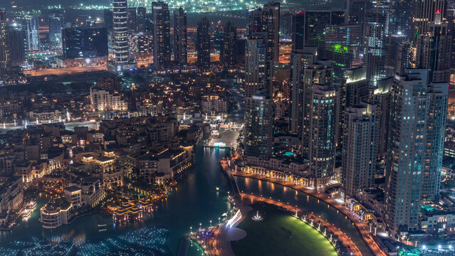Amazing aerial view of Dubai downtown skyscrapers night timelapse, Dubai, United Arab Emirates