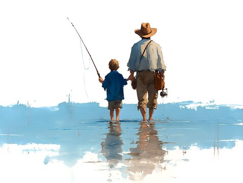 A father and son walk into the water together fishing with a pole on a sunny day by the sea shore.