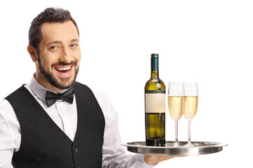 Waiter carrying a tray with wine