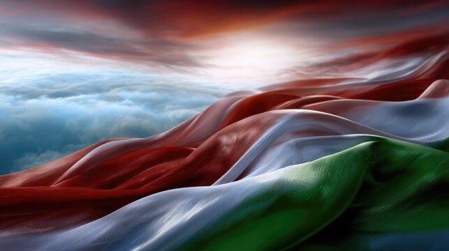 Rich red white green Hungarian flag fabric flowing high above bright clouds under a glorious sky. Patriotic symbol for national day, Saint Stephen Day, Foundation Day, Constitution Day.