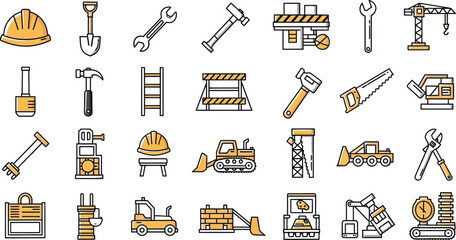 A collection of construction tools and equipment in a flat vector style