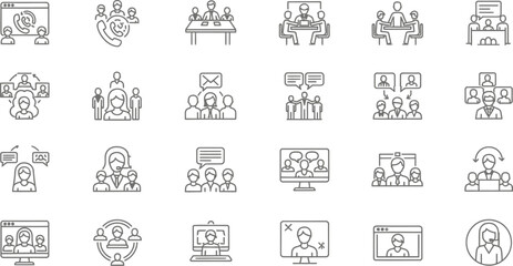 A collection of line art icons depicting meetings and communication scenarios
