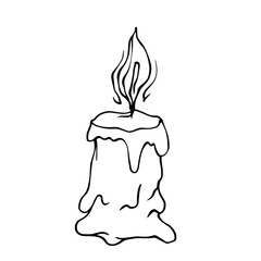 Line sketch, outline of burning wax candle. Vector graphics.