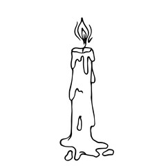 Line sketch, outline of burning wax candle. Vector graphics.