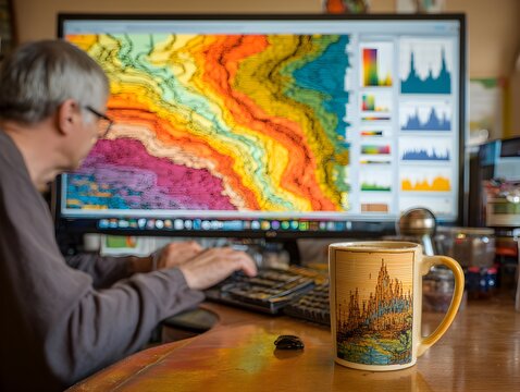 A senior man analyzes colorful elevation data on a large computer monitor with a cup of coffee nearby.