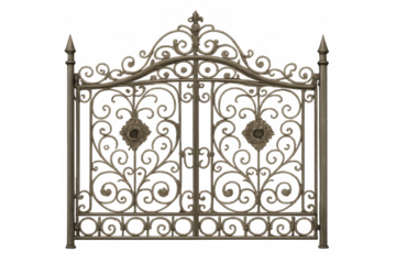 Ornate wrought iron gate with decorative elements, providing security and enhancing the aesthetic appeal of a grand entrance, isolated on a transparent background