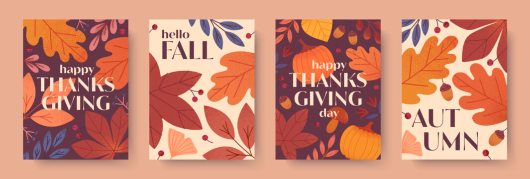 Thanksgiving day posters with pumpkins,mushrooms,leaves,berries,plants.Vector fall season holiday illustrations.Autumn thanksgiving templates for prints,ad,smm,branding,packaging,invitations,covers