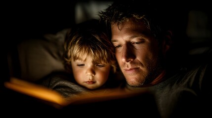 A loving father reads a story to his young son at bedtime, illuminated by the light from digital tablet .