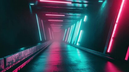 Neon lit tunnel with vibrant colors evoking futuristic cyberpunk atmosphere, perfect for science - Powered by Adobe