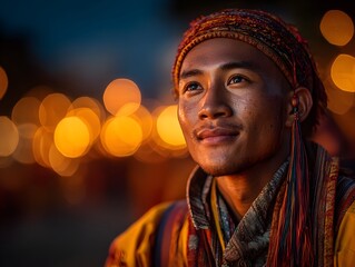 Obraz premium Young Asian man wea traditional headdress gazes thoughtfully into the distance on a vibrant night scene.