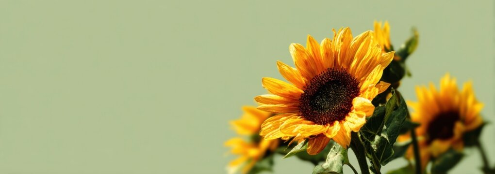 a group of sunflowers, with one in the foreground and two more blurred behind, set against a light green background Generative AI