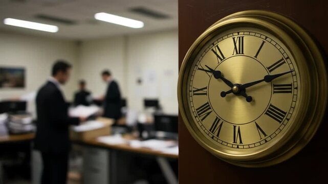 Antique clock showing time in office with business people working blurred background