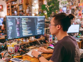 A young asian man with glasses is programming at his cluttered desk with large computer screen at home office.