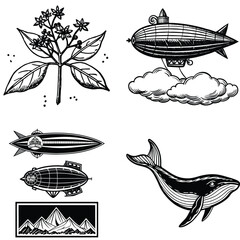 Vector art of a collection of four distinct black and white illustrations featuring three airplanes a palm tree a group of african animals and a flowering plant